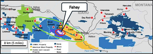 Figure 1. Location map of the principal mines in the Coeur d’Alene district. The location of the Fahey property marked by the red ellipse and the Silver Belt by the green ellipse.
